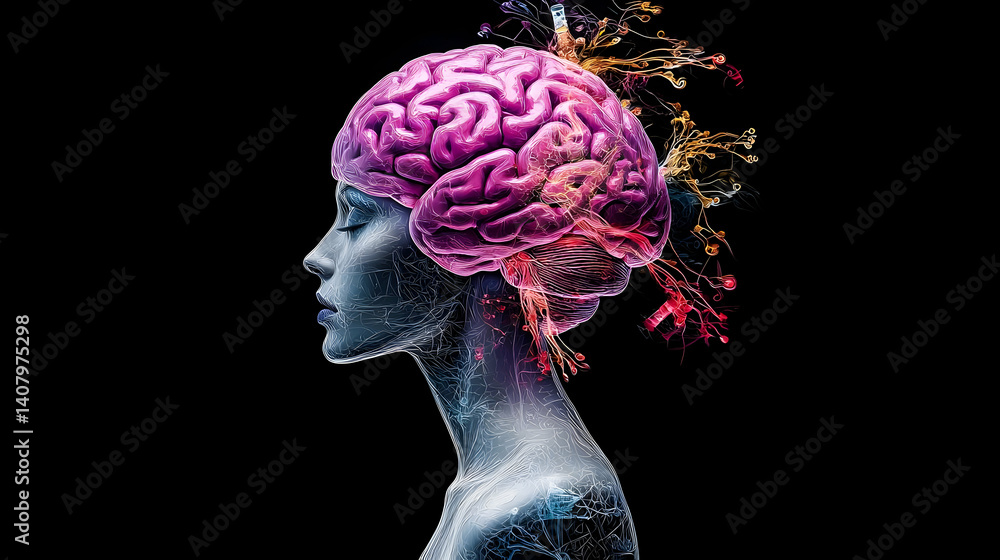 Poster a profile view of a pixelated female head with a pink brain visualizing abstract thoughts on a black