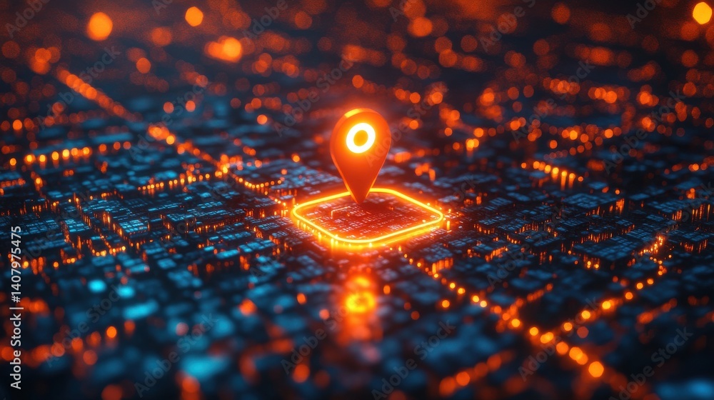 Poster illustration of digital city map,glowing location pin ai tech in gps navigation innovation in delive