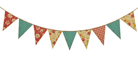 Fototapeta premium Triangular bunting flags in red, yellow, and green hues, feature patterns like florals and checks. Suspended on a string, these decorative elements embody a vibrant and festive aesthetic.