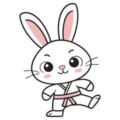 White Cartoon Rabbit in Karate Gi Kicking on Transparent Background Martial Arts