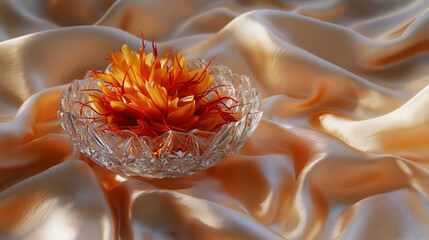 A delicate crystal bowl cradles vibrant saffron threads, a treasure of autumn's harvest, resting on luxurious, flowing peach silk.