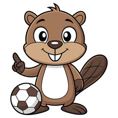Cartoon Beaver Standing, Pointing Upward with Paw, Holding Soccer Ball with Paw ©  Design_ mn