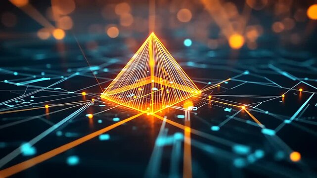 Abstract digital pyramid with glowing lines and nodes on a dark background, symbolizing technology and innovation