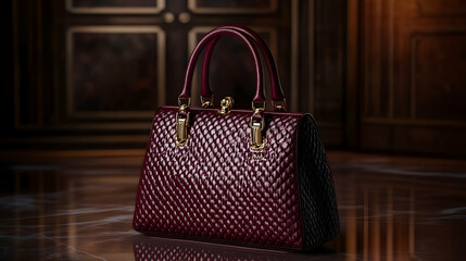 A luxurious deep burgundy handbag, elegantly quilted, rests in a dimly lit, opulent setting; its golden clasp gleaming subtly.