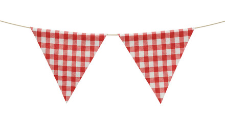 Fototapeta premium The red and white checkered pennant flags hang neatly on a string, radiating a playful and festive charm. Their bold yet classic design is perfect for creating a cozy and celebratory atmosphere.