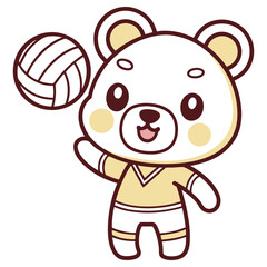 Cartoon Bear Mascot Playing Volleyball on Transparent Background, Cheerful Bear