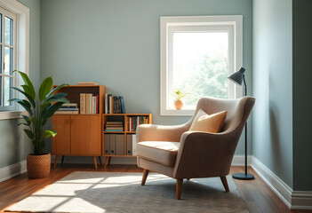 living room with a chair and a book shelf