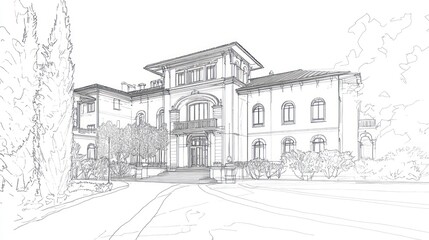 Architectural sketch of a grand mansion with lush landscaping.