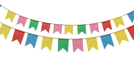 Obraz premium Strings of multicolored triangular pennants swing gently showing vibrant shades of red, yellow, blue, green, and pink Their festive charm evokes warmth and liveliness perfect for a joyful celebration