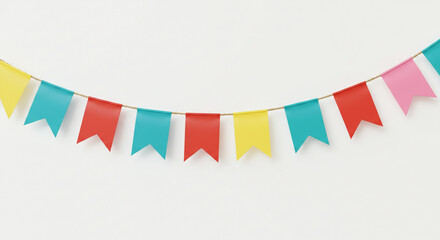 Obraz premium Strings of triangular pennants swing gently arranged with alternating bright tones of yellow pink blue and red These simple yet vibrant flags add playful energy to any cheerful event or gathering