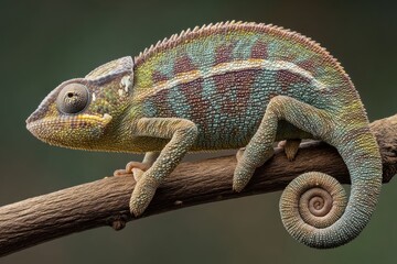 Obraz premium A vibrant chameleon clings to a branch, showcasing intricate scales and a coiled tail in a macro portrait for nature enthusiasts.