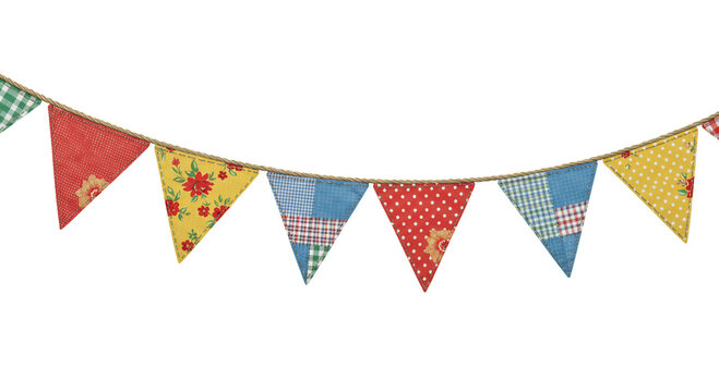 Strings of vibrant triangular pennants sway on a rope featuring bright shades of red blue yellow and green combined with checkered patterns polka dots and floral designs bringing a lively and traditio