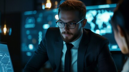 Business meeting in a modern office with a focus on data analysis and technology at nighttime