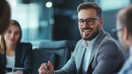 Professional man smiles during team meeting in modern office setting with colleagues engaged in discussion
