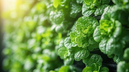 Lush green lettuce leaves thriving in a vertical garden, sunlight filtering through the foliage