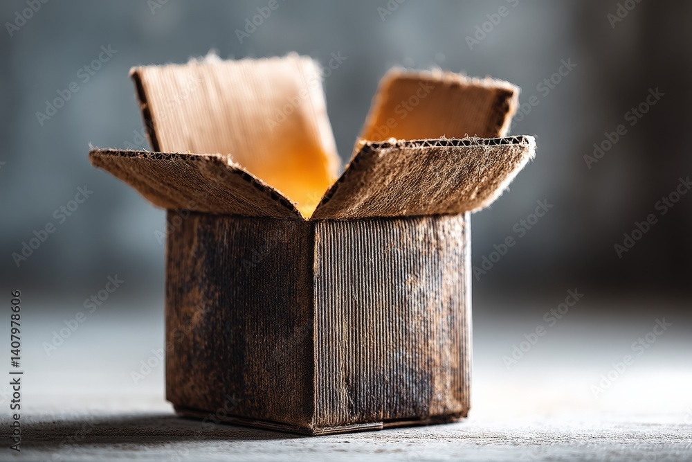 Poster wooden box with an open lid revealing a soft, warm glow in a rustic setting during late afternoon