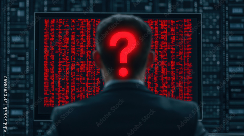 Poster ai future and innovation theme, cybersecurity specialist analyzing data on computer screen, deep in 