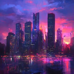 Obraz premium Tall buildings catching golden sunset light across skyline high resolution picture