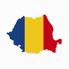 Romania detailed map with the national flag on white background. Romania silhouette map with country flag