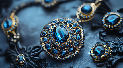 Fototapeta premium A mesmerizing sapphire and gold jewelry set, sparkling with regal elegance and deep blue brilliance, resting on an ornate dark background.