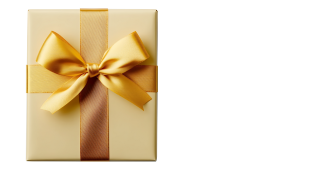 Beige Gift Box with Gold Ribbon and Bow on White Wooden Background