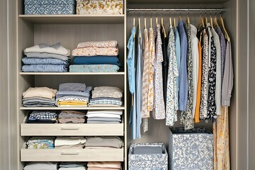A closet full of clothes with a blue box in the middle
