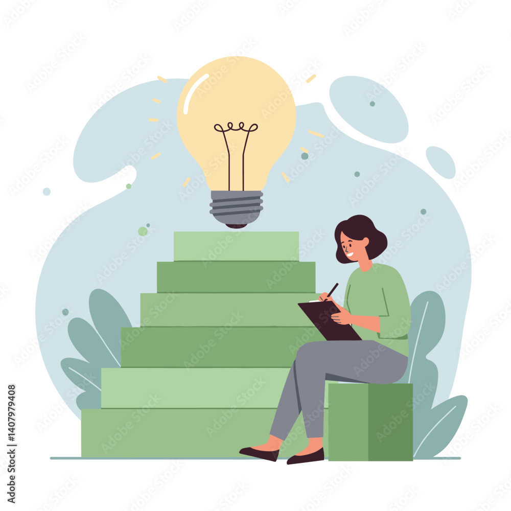 Poster idea generation: a person sits, surrounded by steps and an idea. the image captures the spark of ima