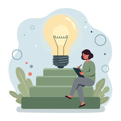 Illuminating Idea: A woman sits atop a staircase, illuminated by a giant lightbulb representing an innovative concept, illustrating the process of ideation and problem-solving. © johndaly