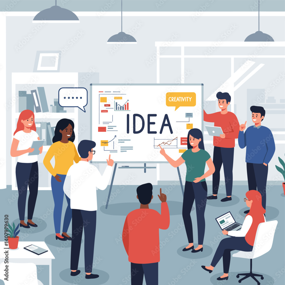 Poster team brainstorming session with idea on whiteboard: a dynamic group of diverse individuals engage in