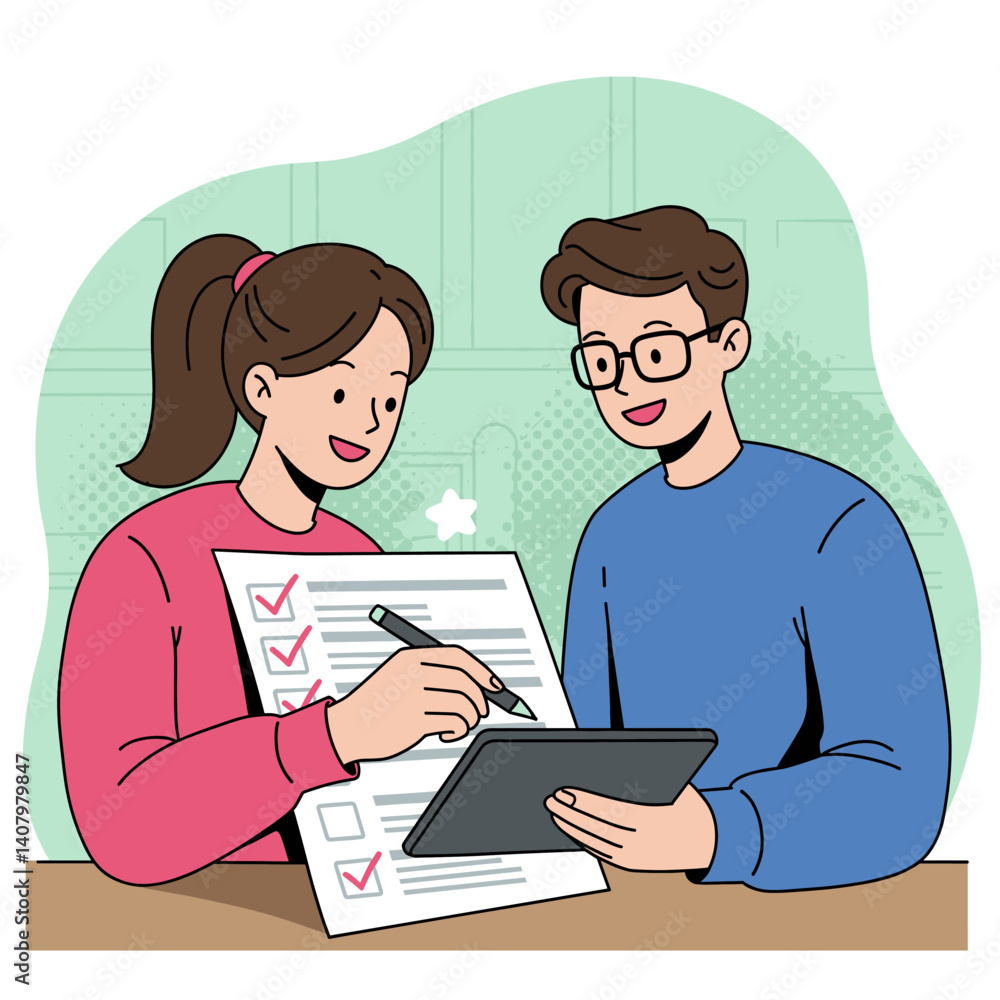 Aufkleber teamwork and planning: two professionals are deeply engaged in a collaborative discussion about a do