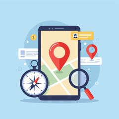 Navigation Compass and Map: A digital navigation concept showcases a smartphone displaying a map with a prominent location marker, complemented by a compass and magnifying glass.