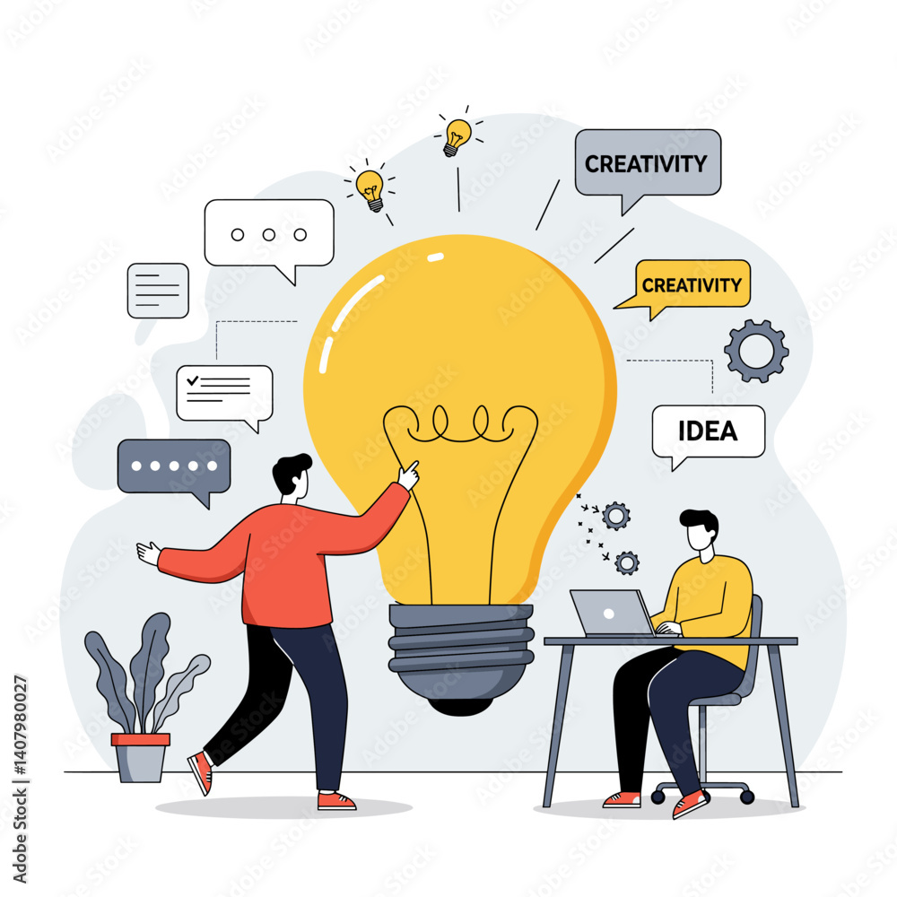 Poster brainstorming session: two colleagues collaborate on a bright idea, symbolized by a giant light bulb