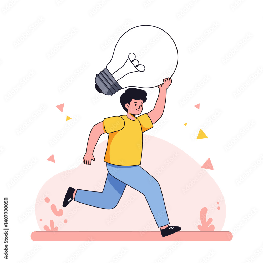 Poster brainstorming idea: a dynamic person is running with an idea in hand. illustrating the excitement an