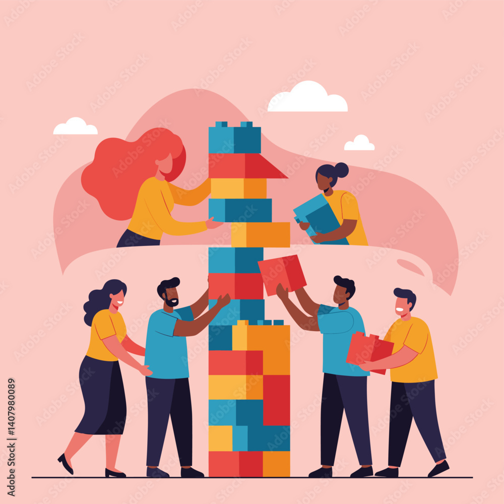 Poster building blocks of teamwork: a vibrant illustration depicts a team working collaboratively to build 