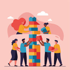 Building Blocks of Teamwork: A vibrant illustration depicts a team working collaboratively to build a towering structure with building blocks, symbolizing unity, cooperation, and shared goals. 