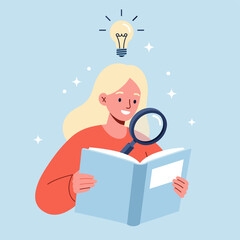 Illuminating Knowledge: A woman is depicted engrossed in reading, a magnifying glass in hand, with a light bulb above her head, symbolizing insight. 