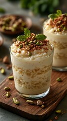 Creamy rice pudding dessert topped with nuts and mint on a wooden board