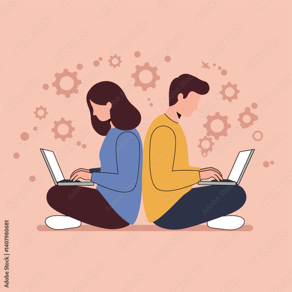 Poster digital partnership: two individuals sit back-to-back, immersed in their laptops amidst a dynamic sc