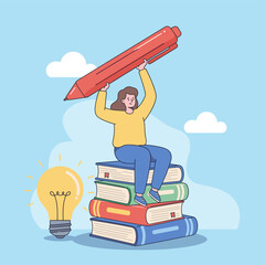 Creative Thought on the Rise: An illustration shows a woman sitting atop a stack of books, holding a giant pencil aloft, with an illuminated lightbulb, symbolizing knowledge, innovation.