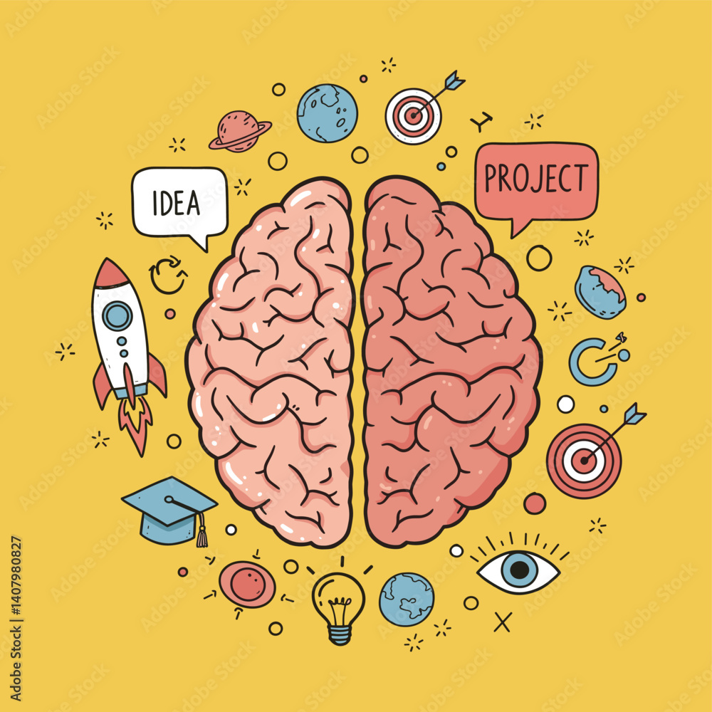 Poster creative mind unleashed: an illustration of a brain, split into two halves, symbolizes the fusion of