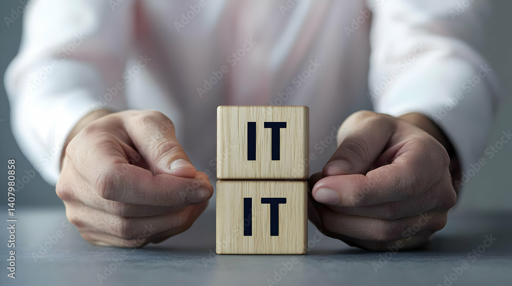 Poster close up of hands arranging two wooden blocks with it written on them on gray surface