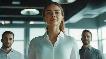 Fototapeta premium Confident businesswoman leading a team in a modern office environment during a productive meeting