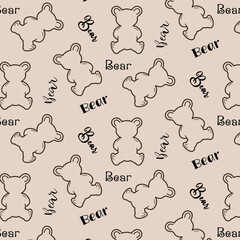 Stylized outline bears in a pattern.Vector seamless pattern with outline cartoon bears on a colored background with text.