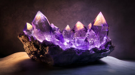 Amethyst Geode: A mystical purple crystal cluster glowing with inner light on a sandy surface, showcasing sharp points and deep violet hues.