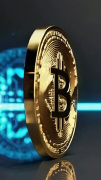 Shiny spinning bitcoin animation against dynamic electronic circuit background