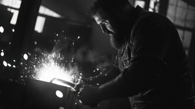 Blacksmith forging molten steel into a custom knife in a workshop. Featuring strength and craftsmanship