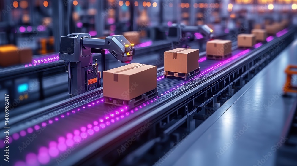 Poster isometric automated robot arms smart automated robotic arms holding box in a warehouse modern logist