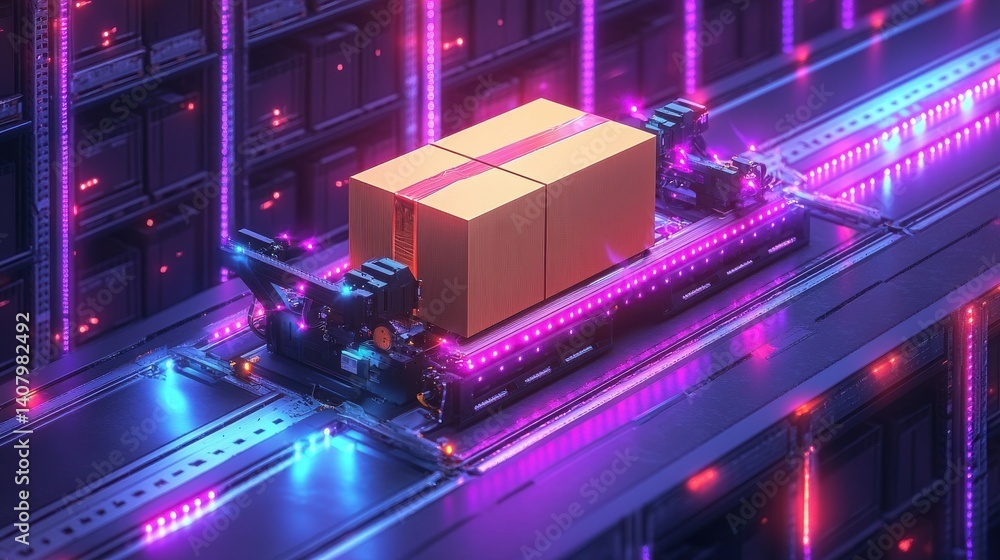 Poster isometric automated robot arms smart automated robotic arms holding box in a warehouse modern logist
