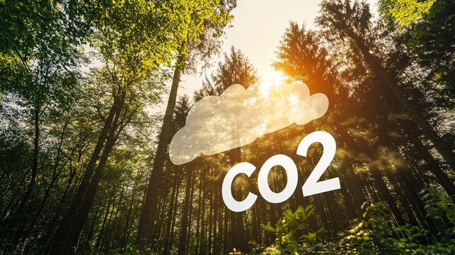 Conceptual image of CO2 emissions and climate change white 'CO2' text with cloud icon overlaying a lush green forest with bright sunlight filtering through the trees