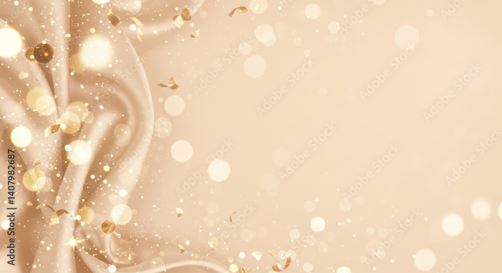 Poster elegant golden fabric with bokeh lights and confetti background image